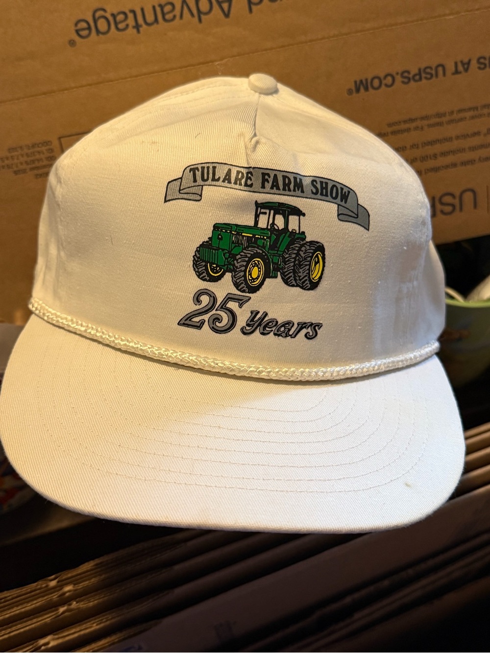 Tulare Farm Show 25 Years White Cap with Green Tractor Graphic